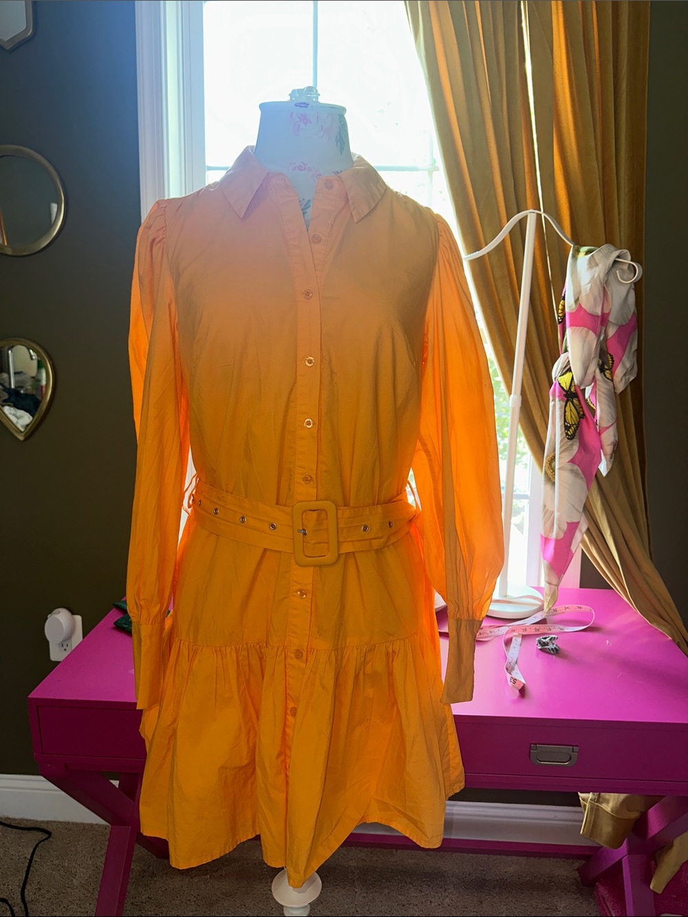 Walter Baker Bright Orange Long-Sleeve Belted Shirt Dress